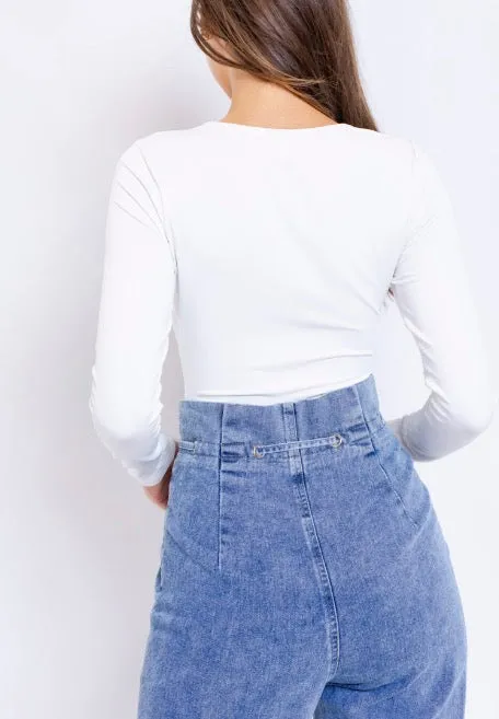 Under Bust Seam Square Neck Long Sleeve Bodysuit