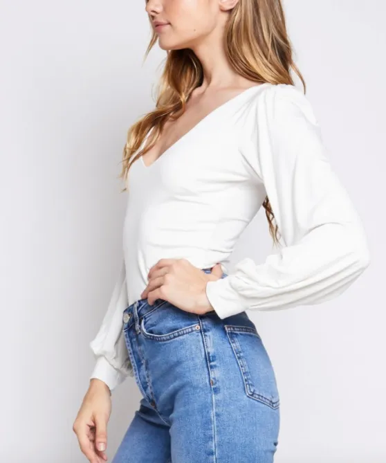 V Neck Bishop Sleeve Bodysuit