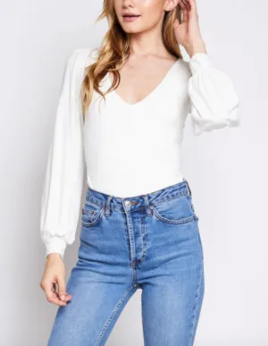 V Neck Bishop Sleeve Bodysuit