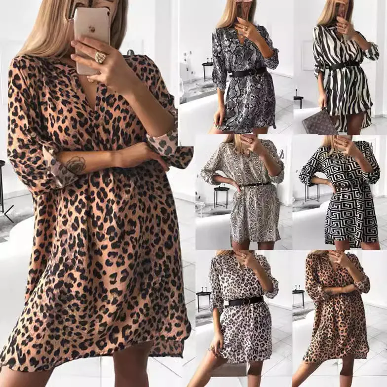 V-Neck Long Sleeve Snake Print Shirt Women's Dresses Without Belt Wholesale Womens Clothing N3824080900026