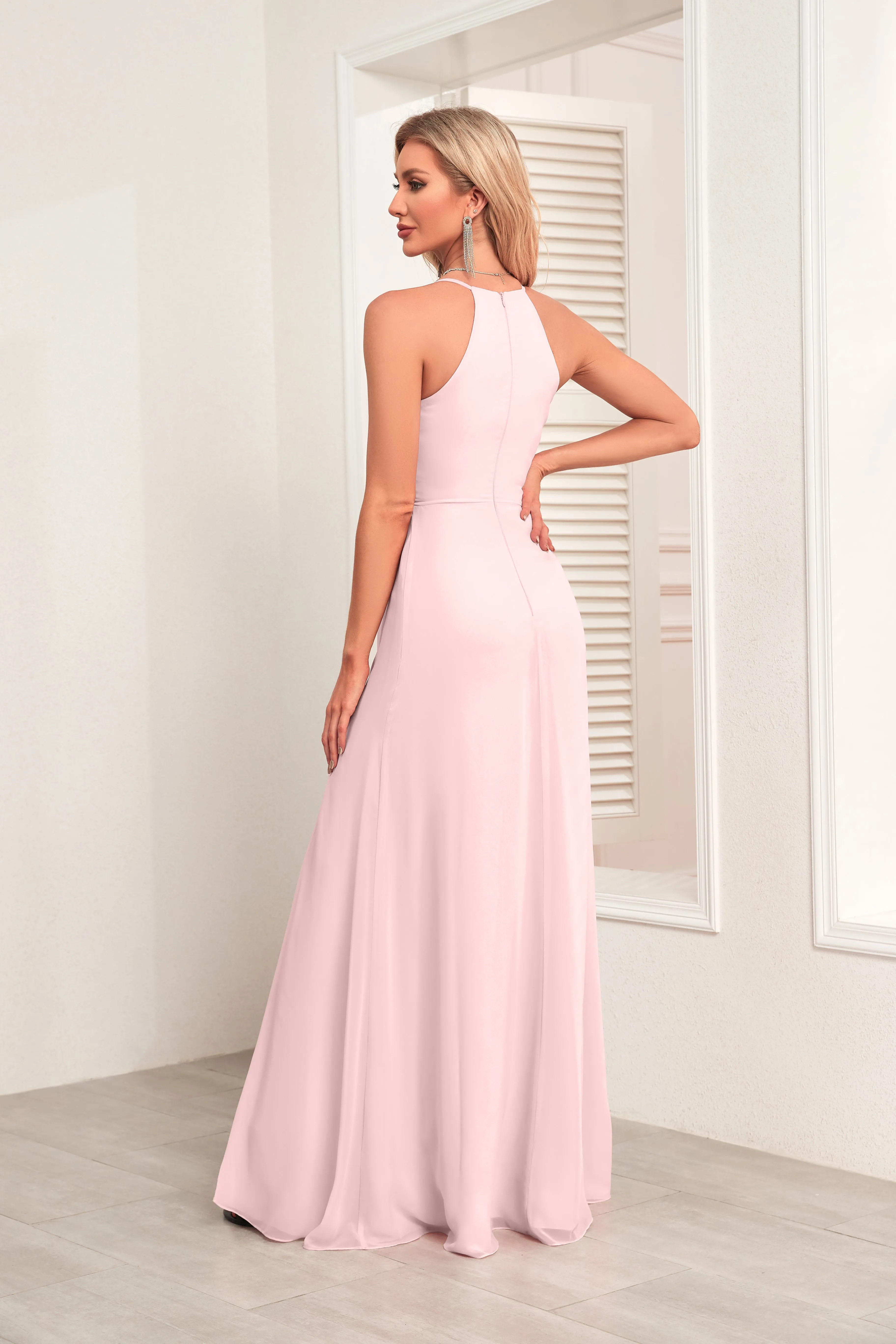 V Neck Spaghetti Straps Chiffon Bridesmaid Dress With Pleated Split