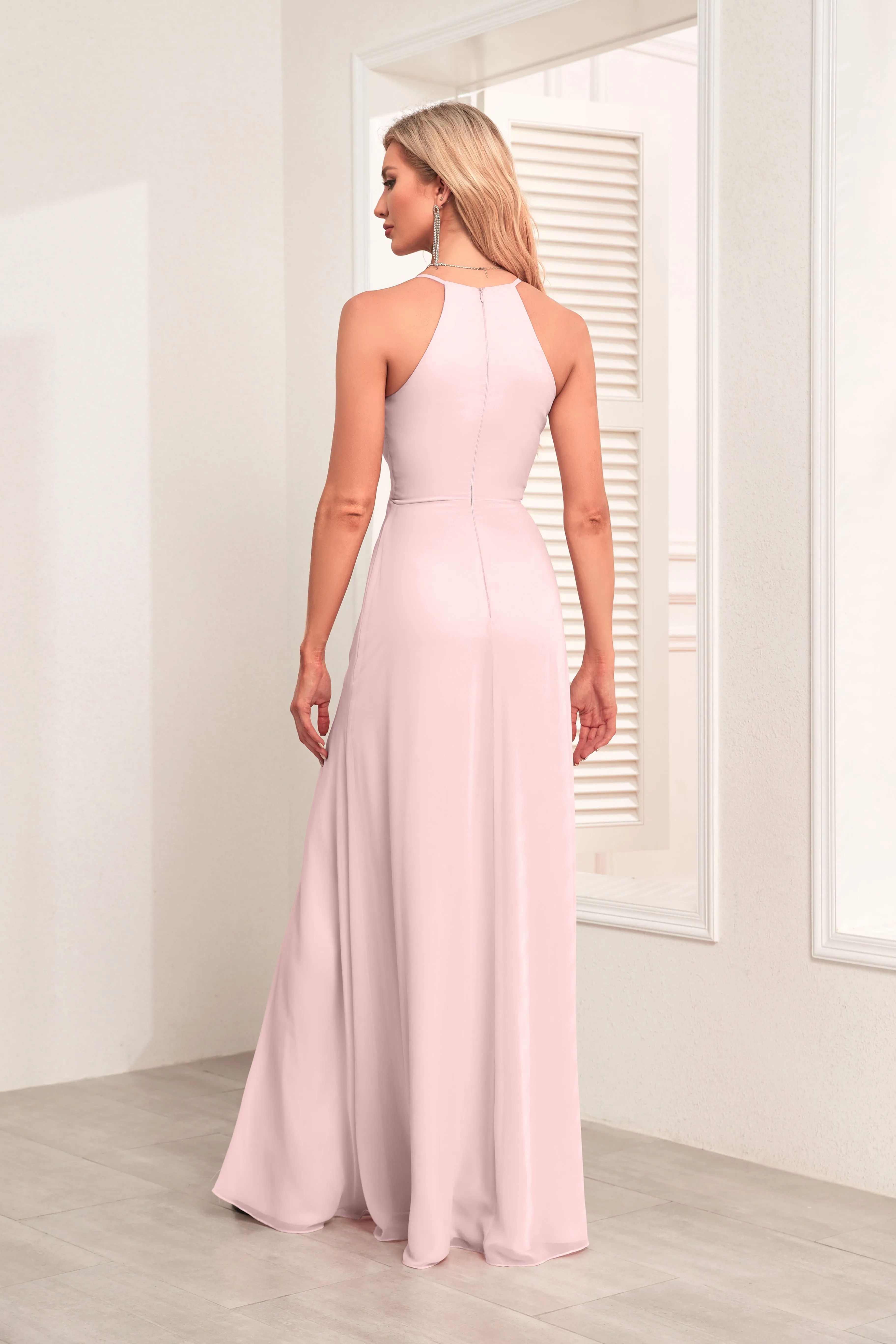 V Neck Spaghetti Straps Chiffon Bridesmaid Dress With Pleated Split