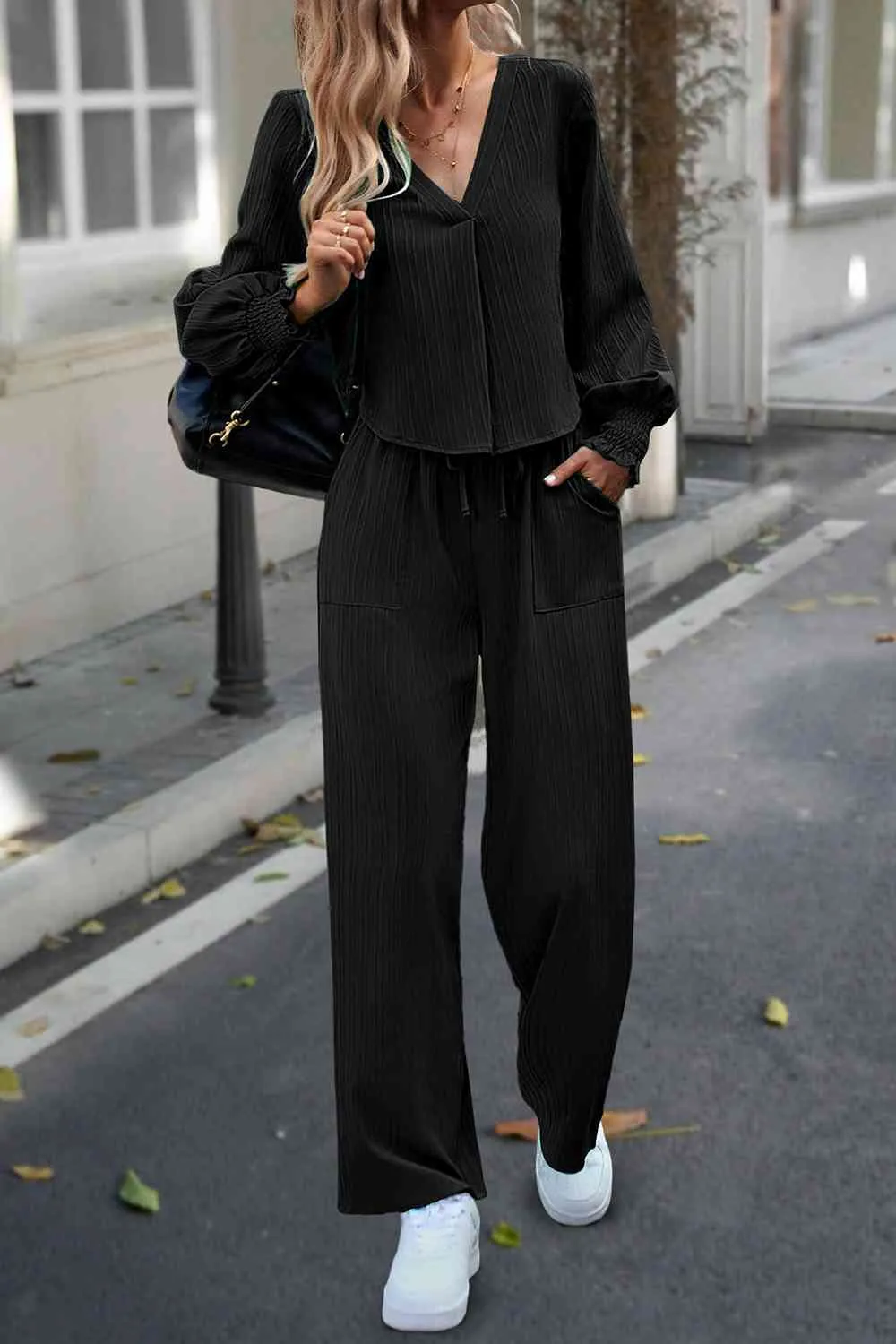 V-Neck Straight Leg Pants Set