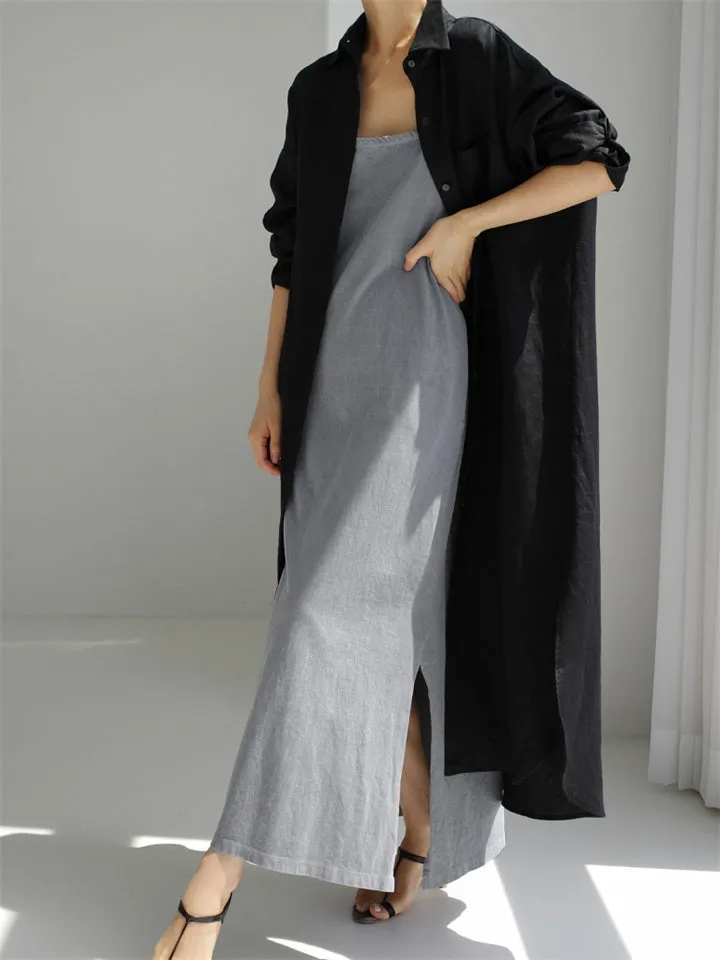 Vogue Single-Breasted Side Split Mid-Length Shirt Dress for Lady