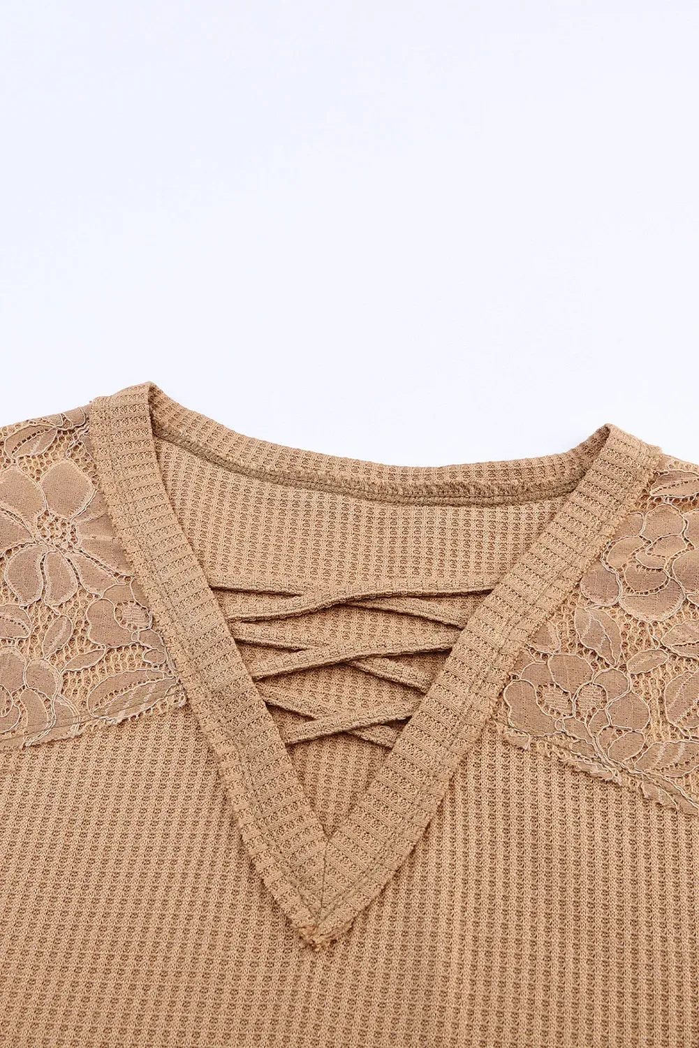 Waffle And Floral Lace Long Sleeve Top