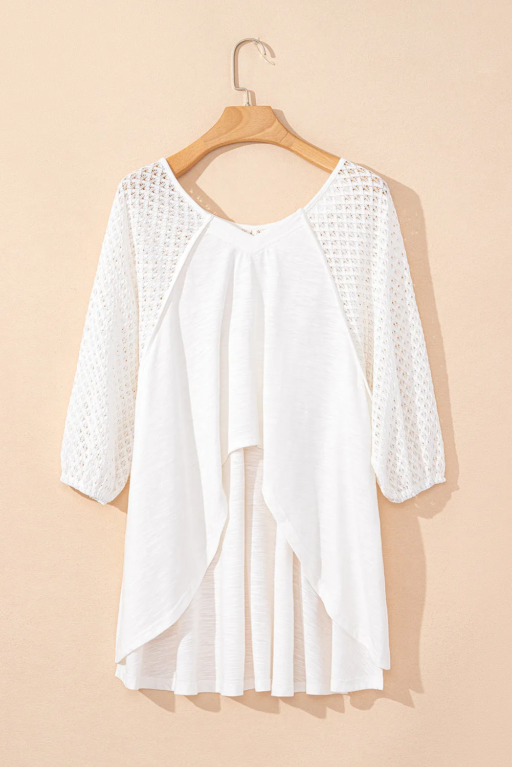 White Eyelet Patchwork High Low Hem V Neck Oversized Top