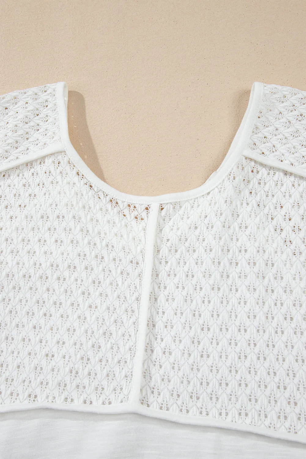 White Eyelet Patchwork High Low Hem V Neck Oversized Top