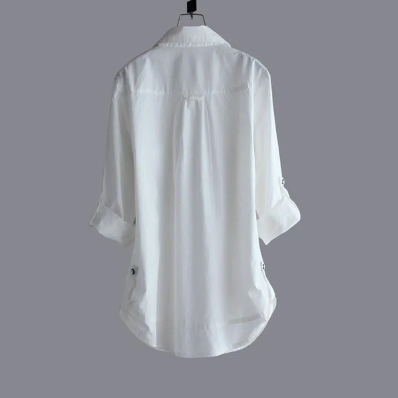 White Pus Size Long Cotton Long Sleeve Ladies Tops
