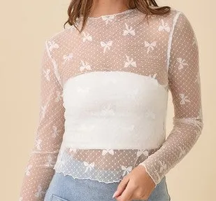 White Ribbon Bow Mesh Long Sleeve Top