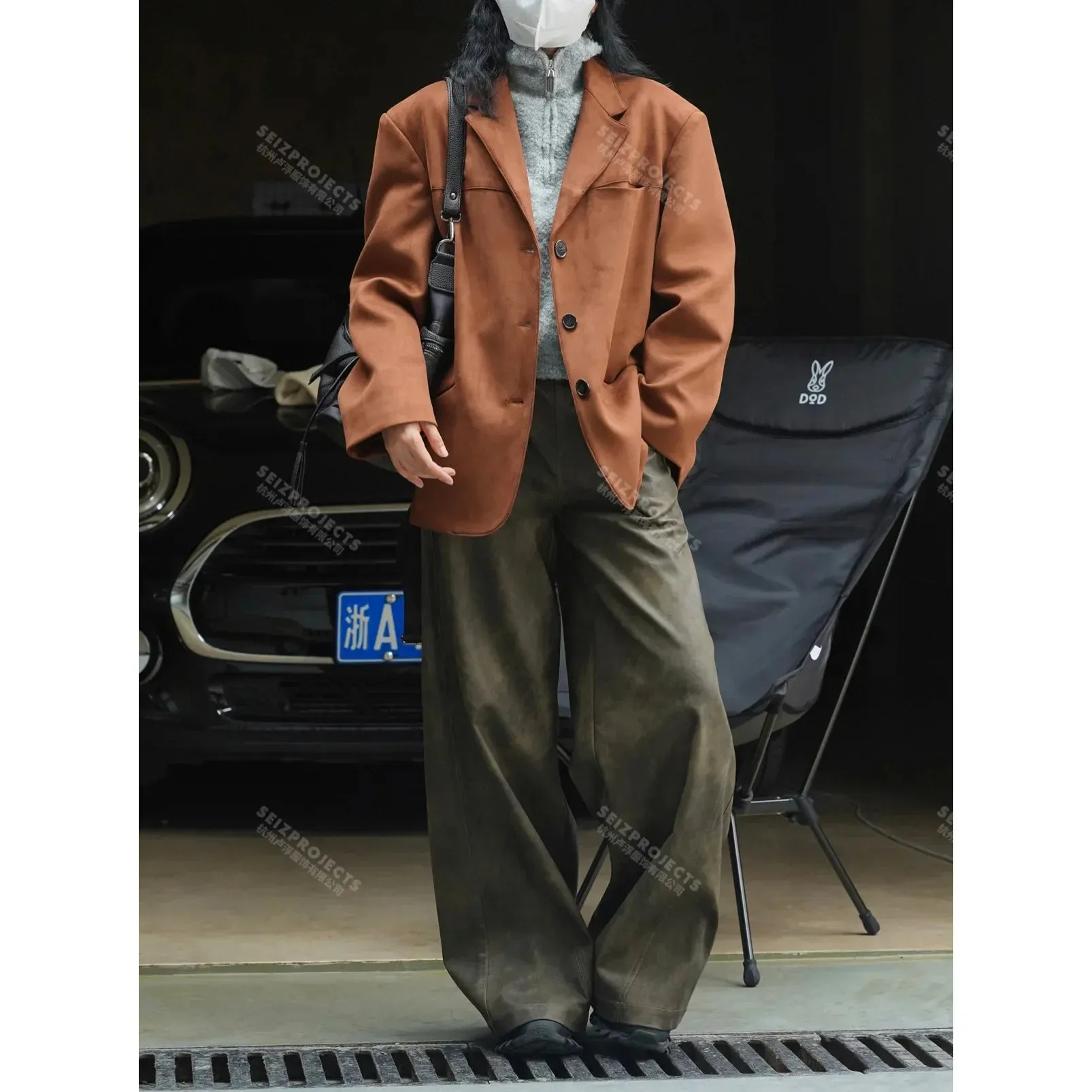 Winter Curved Pocket Oversized Blazer Suede Jacket Brown Green  Loose Straight Coat For Women