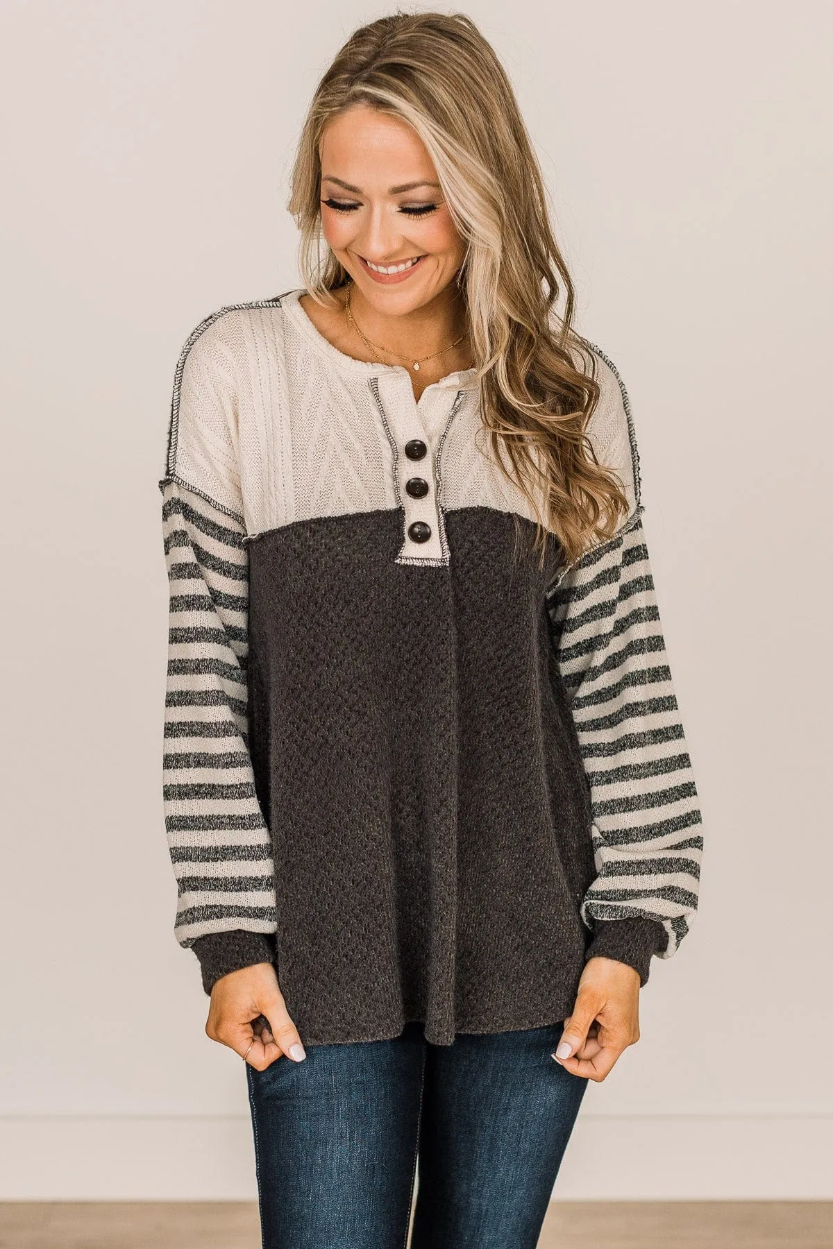 Winter Views Long Sleeve Knit Top- Charcoal