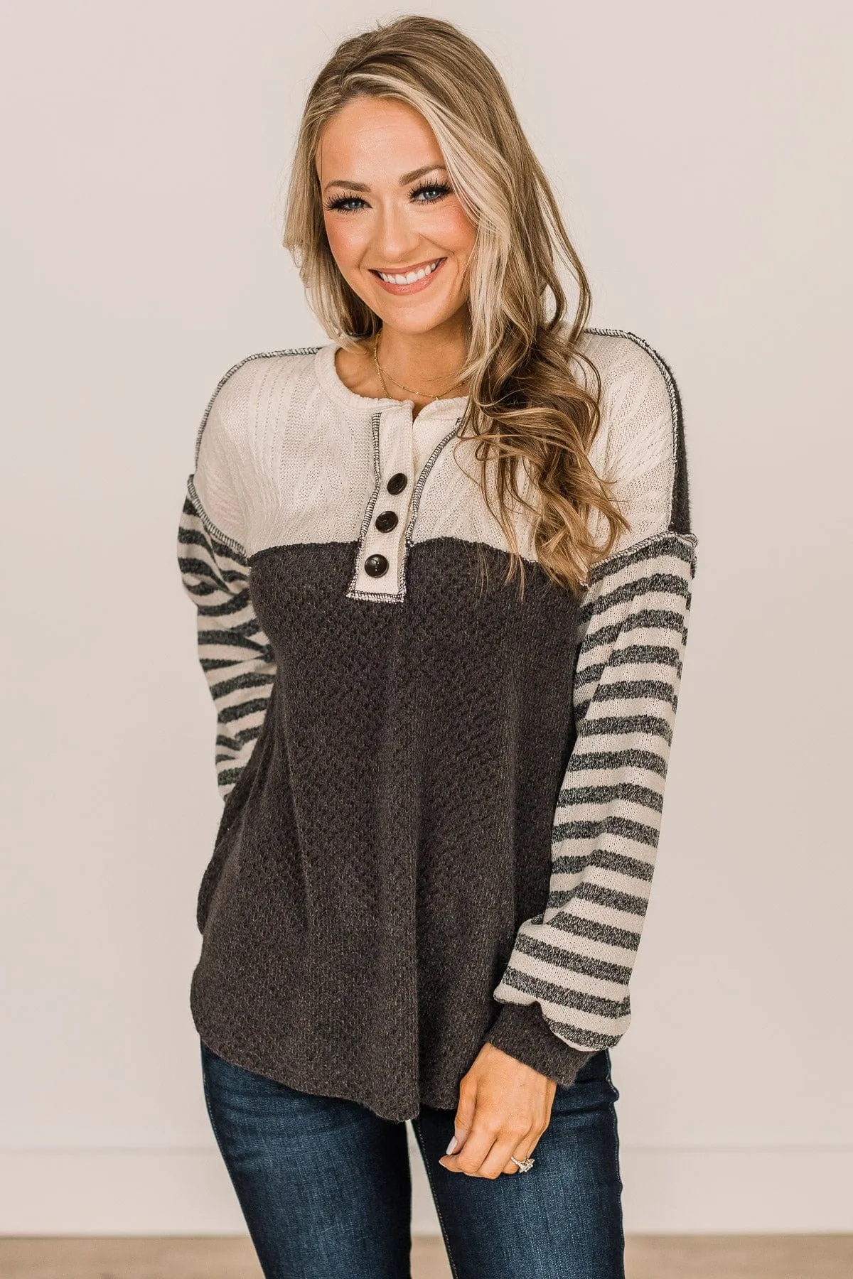 Winter Views Long Sleeve Knit Top- Charcoal