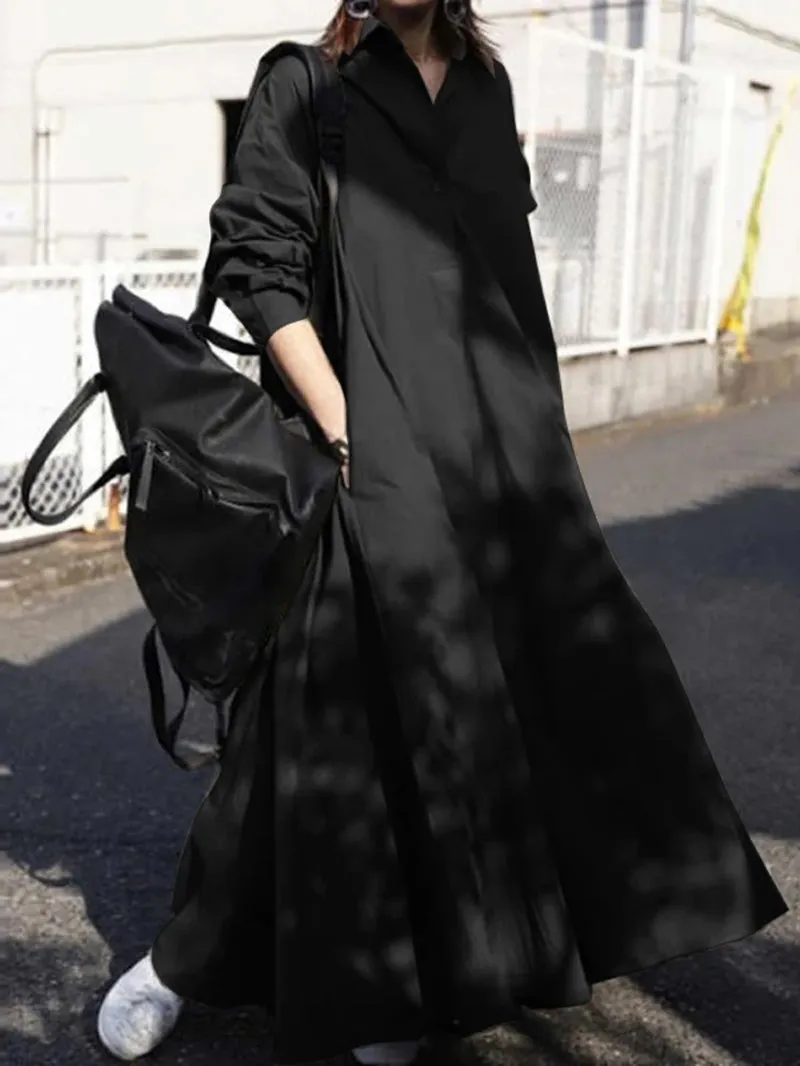 Women Solid Color Turn-Down Collar Long Sleeve Button Casual Shirt Dresses with Pocket