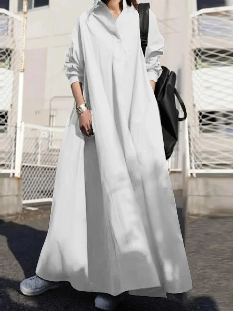 Women Solid Color Turn-Down Collar Long Sleeve Button Casual Shirt Dresses with Pocket