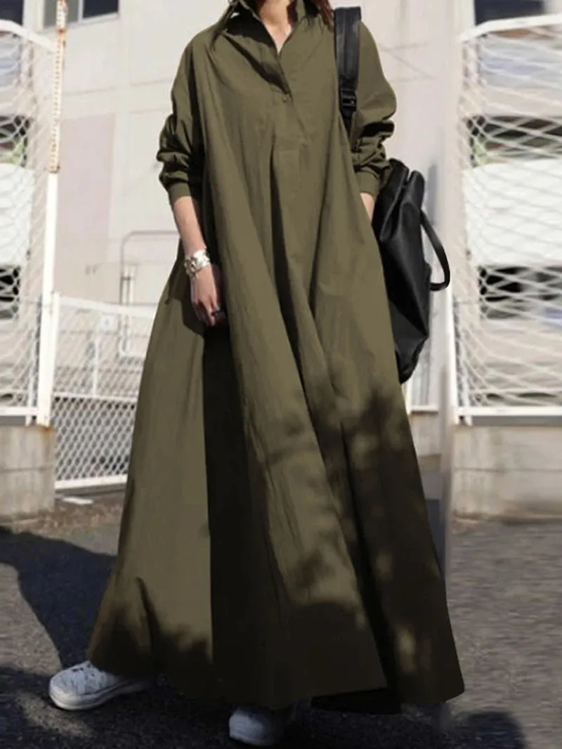 Women Solid Color Turn-Down Collar Long Sleeve Button Casual Shirt Dresses with Pocket