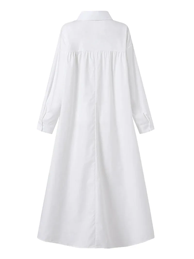 Women Solid Color Turn-Down Collar Long Sleeve Button Casual Shirt Dresses with Pocket