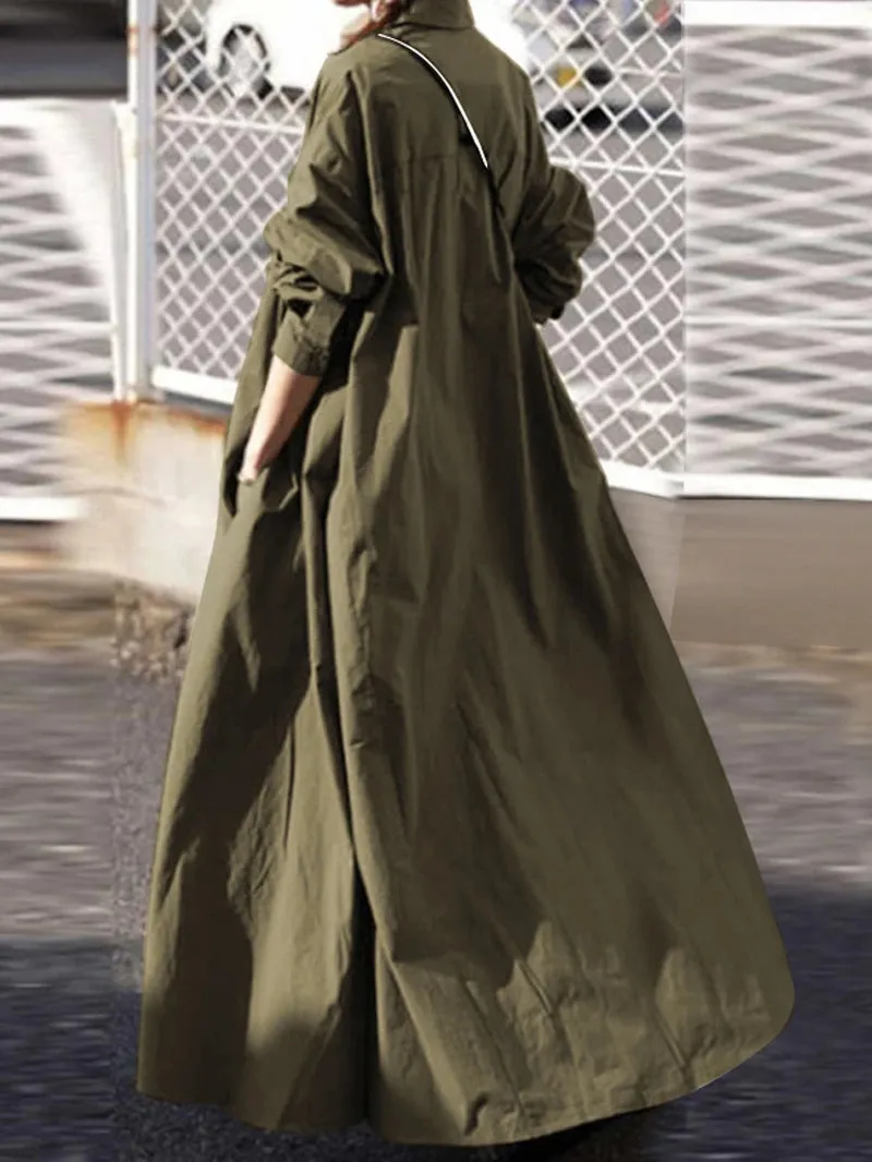 Women Solid Color Turn-Down Collar Long Sleeve Button Casual Shirt Dresses with Pocket