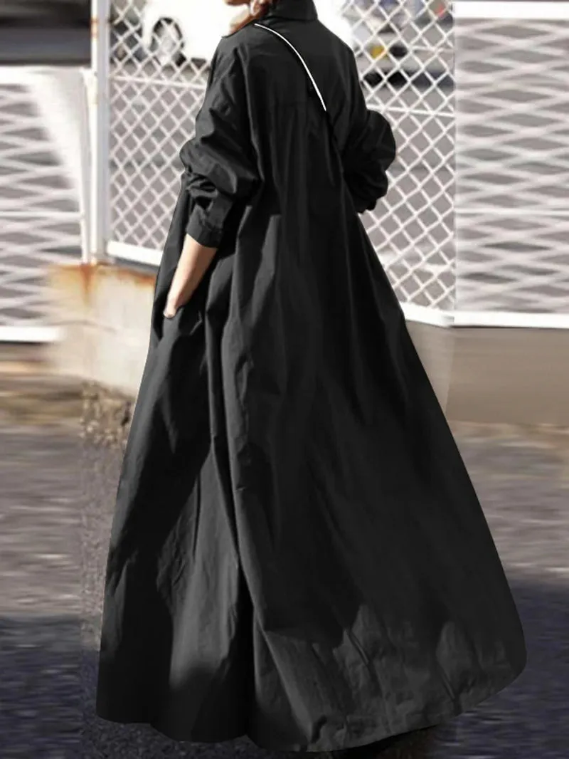 Women Solid Color Turn-Down Collar Long Sleeve Button Casual Shirt Dresses with Pocket