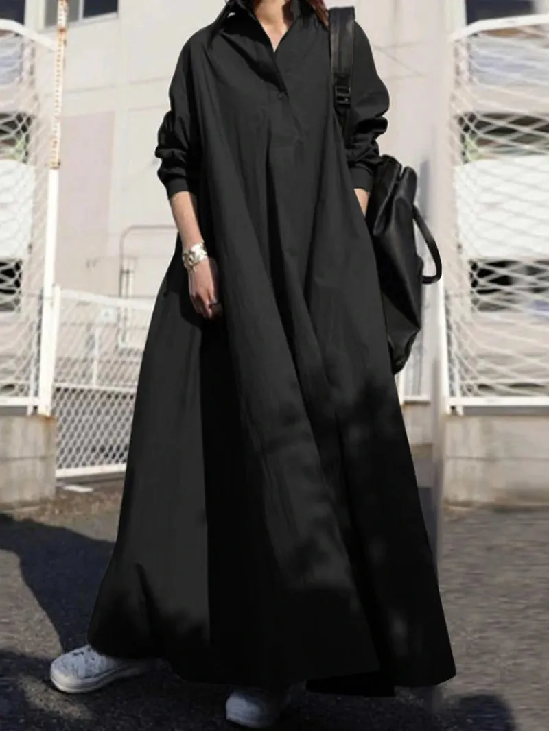 Women Solid Color Turn-Down Collar Long Sleeve Button Casual Shirt Dresses with Pocket