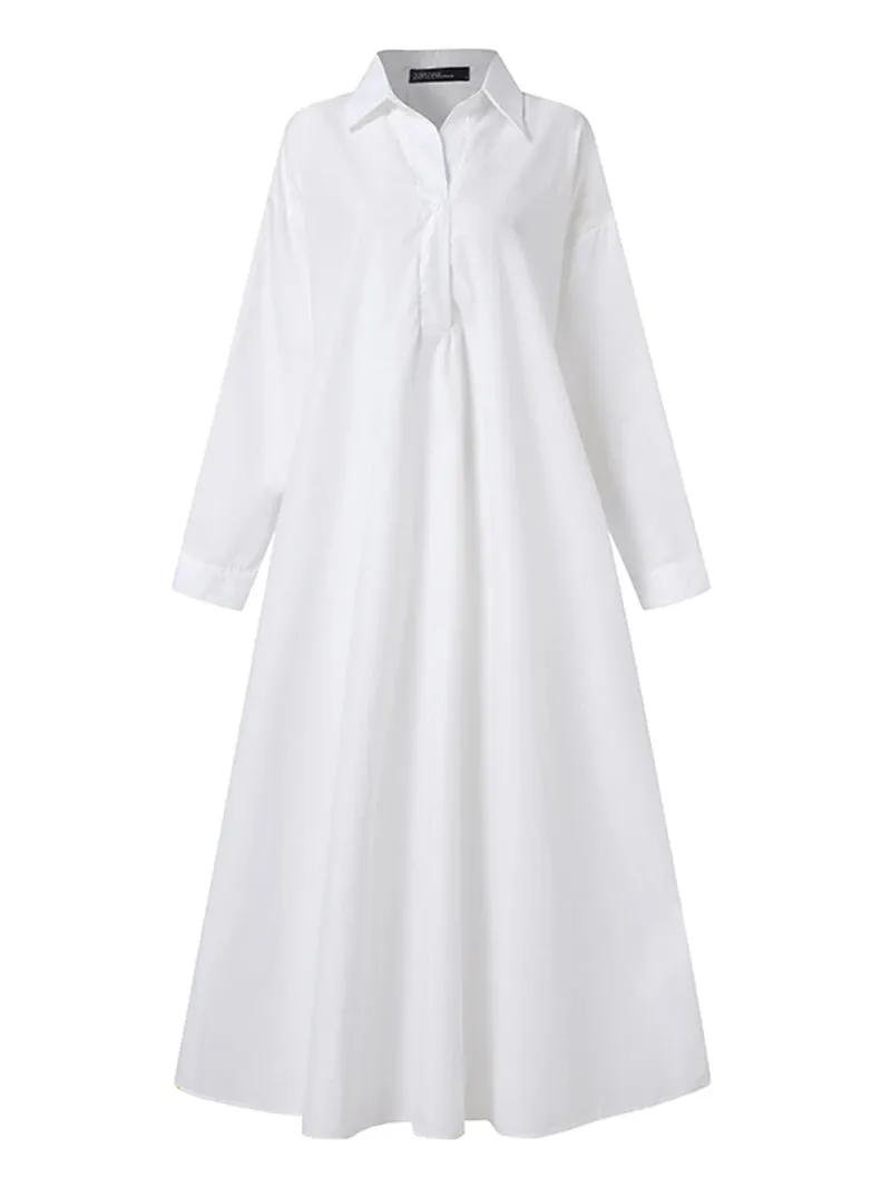 Women Solid Color Turn-Down Collar Long Sleeve Button Casual Shirt Dresses with Pocket