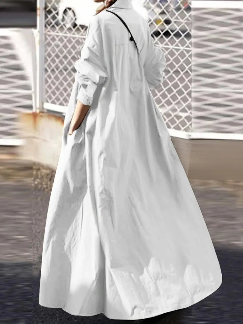 Women Solid Color Turn-Down Collar Long Sleeve Button Casual Shirt Dresses with Pocket