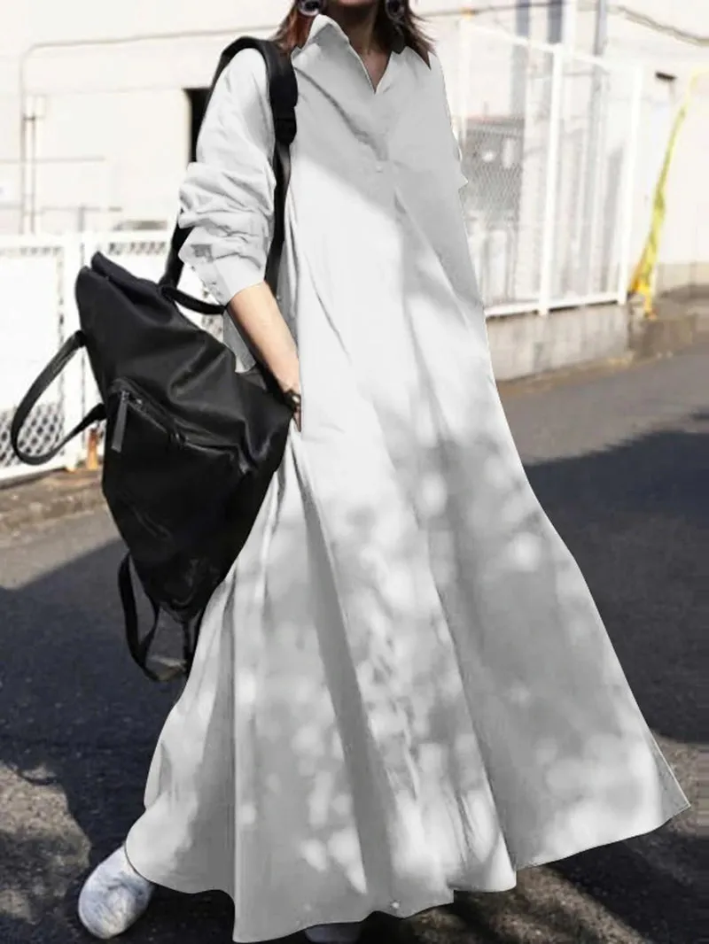 Women Solid Color Turn-Down Collar Long Sleeve Button Casual Shirt Dresses with Pocket