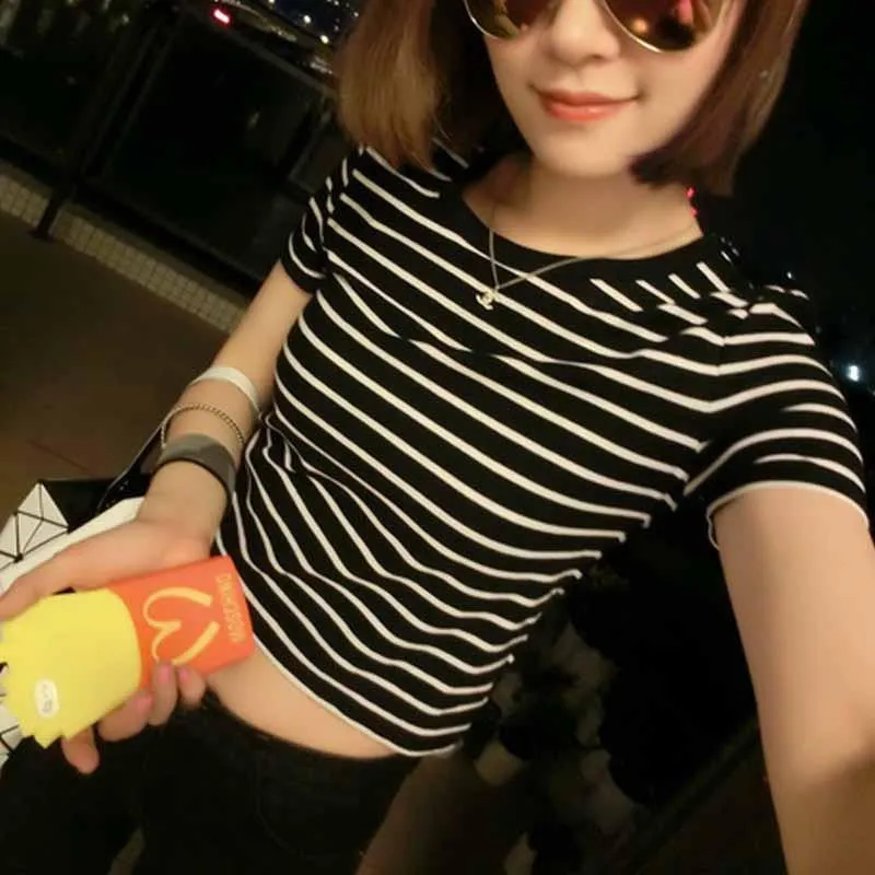 Women Tops Ladies T shirt Crop Tops Striped Short Sleeved T-shirt Slim Short Female Clothes Slim Kpop Top