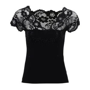 Women Tops T shirt Lace V-neck Short Sleeve T-Shirt Women Solid Tee Shirt