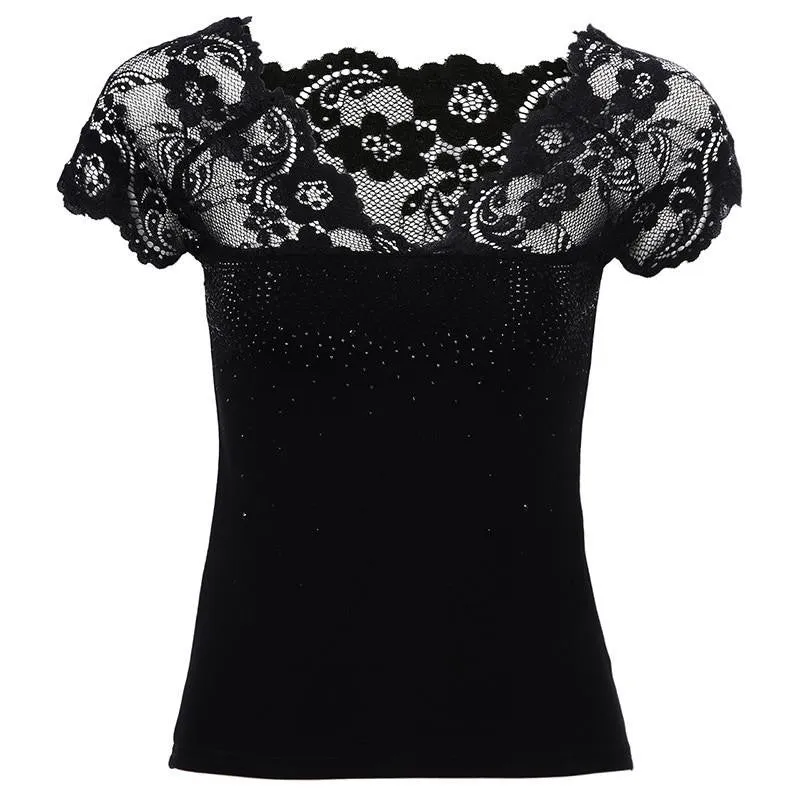 Women Tops T shirt Lace V-neck Short Sleeve T-Shirt Women Solid Tee Shirt