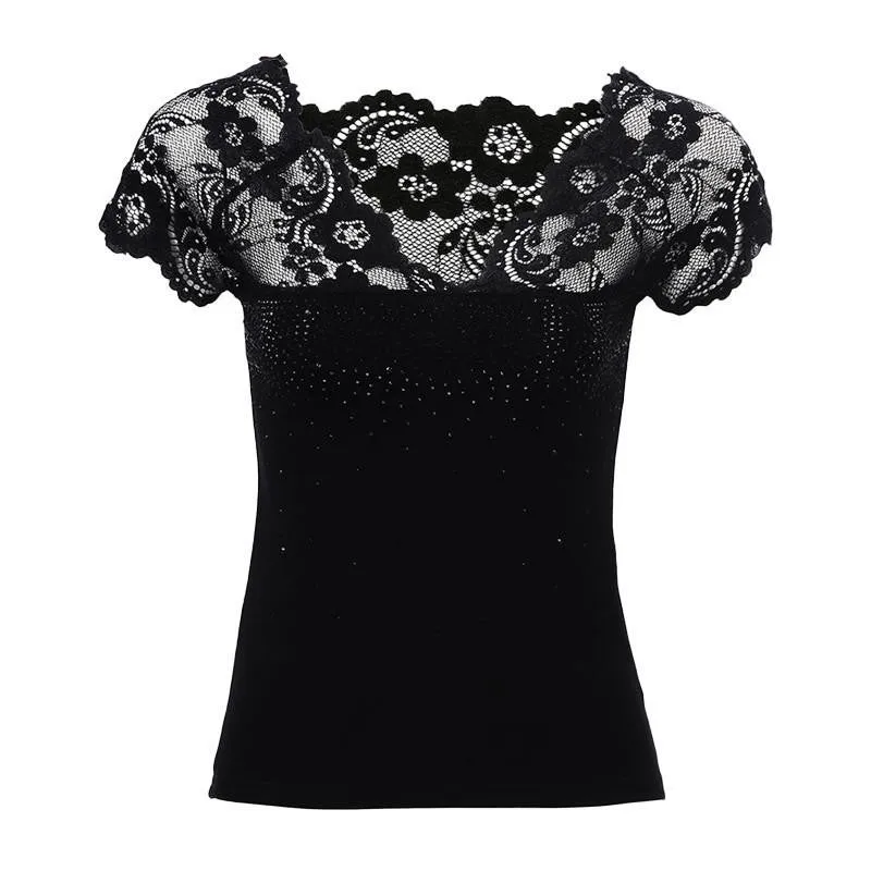 Women Tops T shirt Lace V-neck Short Sleeve T-Shirt Women Solid Tee Shirt