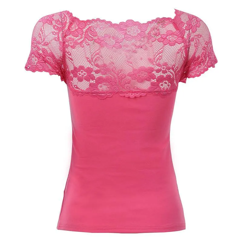 Women Tops T shirt Lace V-neck Short Sleeve T-Shirt Women Solid Tee Shirt