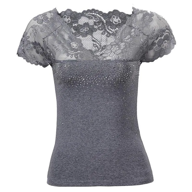 Women Tops T shirt Lace V-neck Short Sleeve T-Shirt Women Solid Tee Shirt