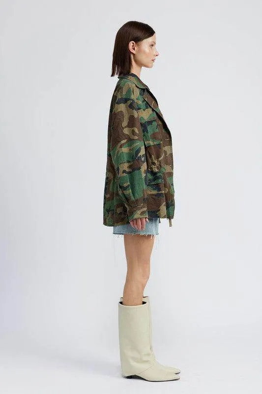 Womens Camo Oversized Zipper Front Jacket