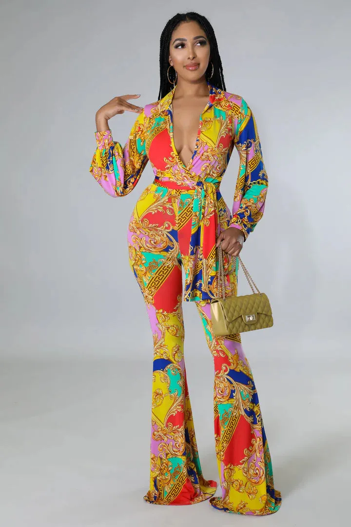 Women's Flare Bottom V Neck Bodysuit Multi-Color Pant Set