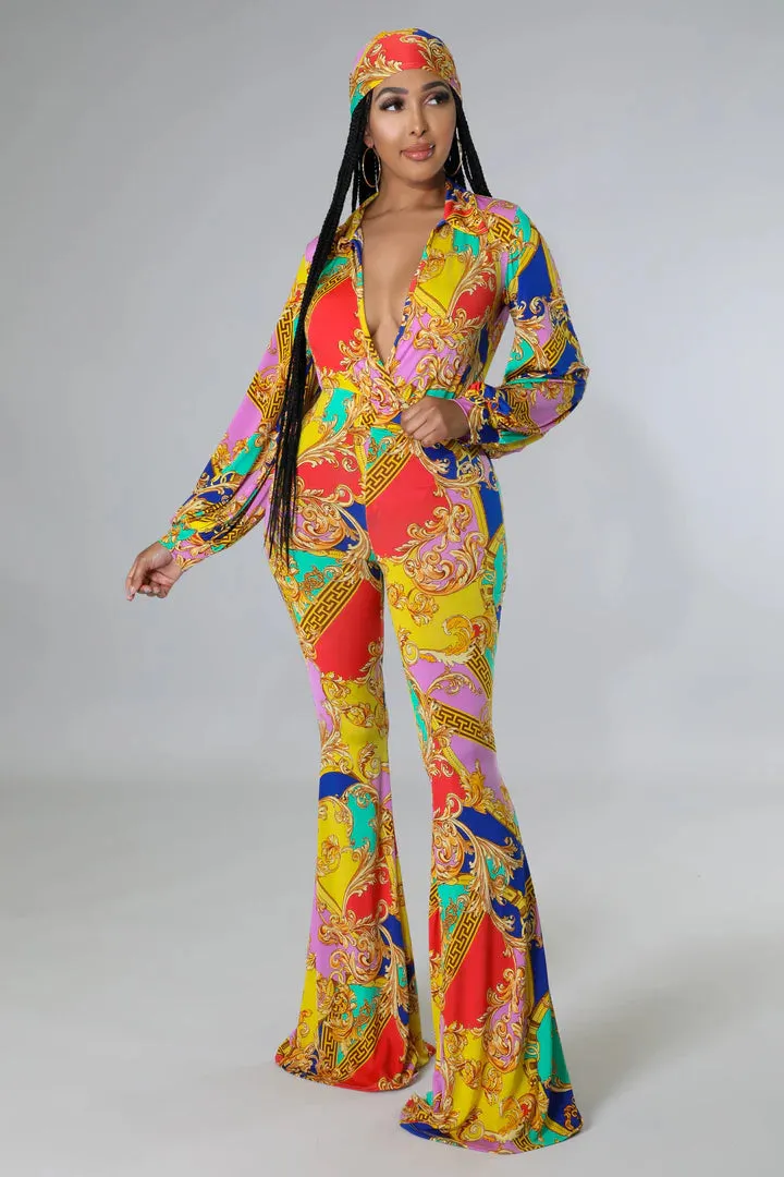 Women's Flare Bottom V Neck Bodysuit Multi-Color Pant Set