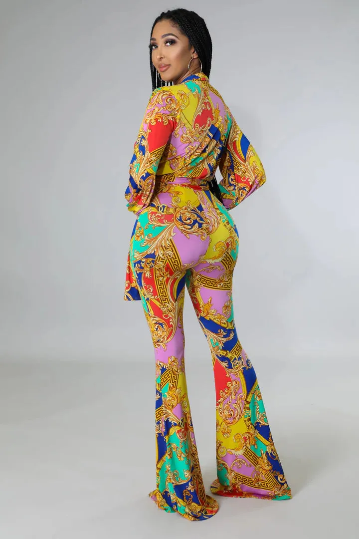 Women's Flare Bottom V Neck Bodysuit Multi-Color Pant Set