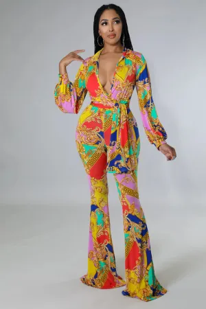 Women's Flare Bottom V Neck Bodysuit Multi-Color Pant Set