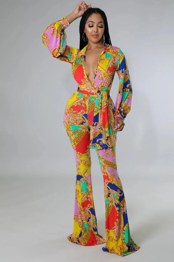 Women's Flare Bottom V Neck Bodysuit Multi-Color Pant Set