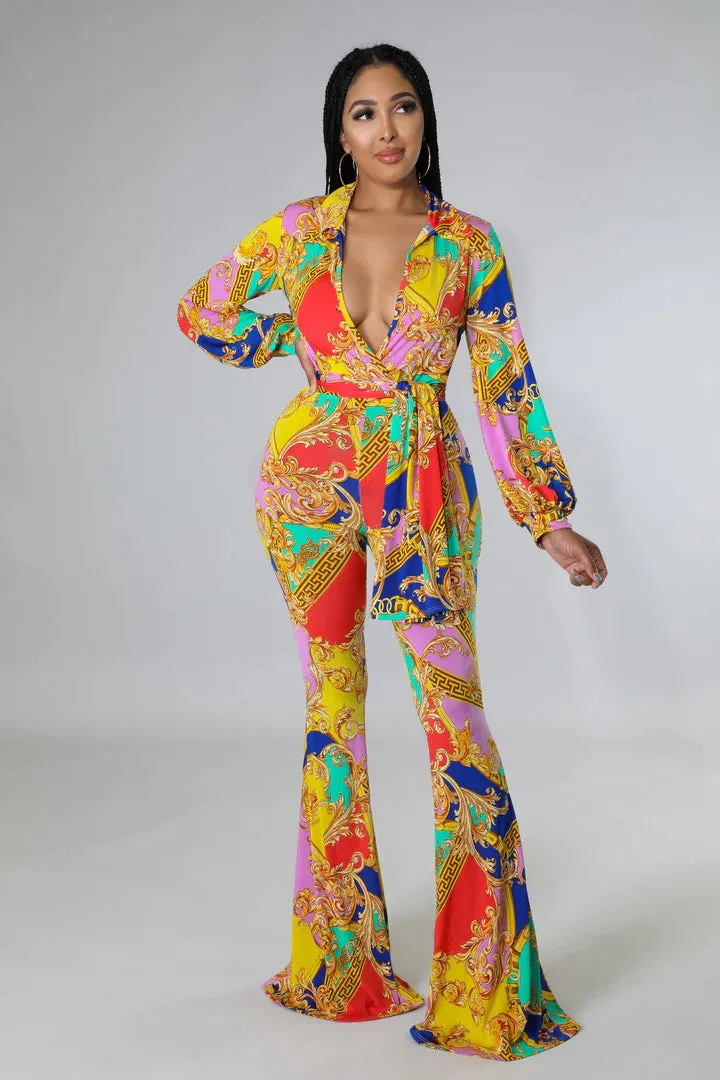 Women's Flare Bottom V Neck Bodysuit Multi-Color Pant Set