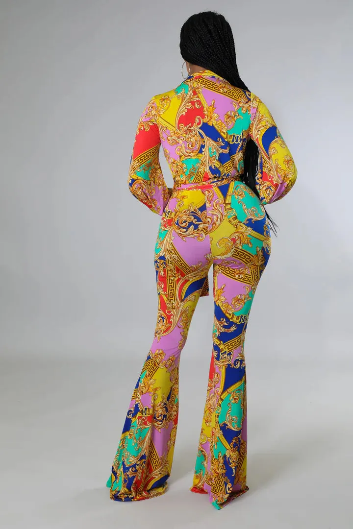 Women's Flare Bottom V Neck Bodysuit Multi-Color Pant Set