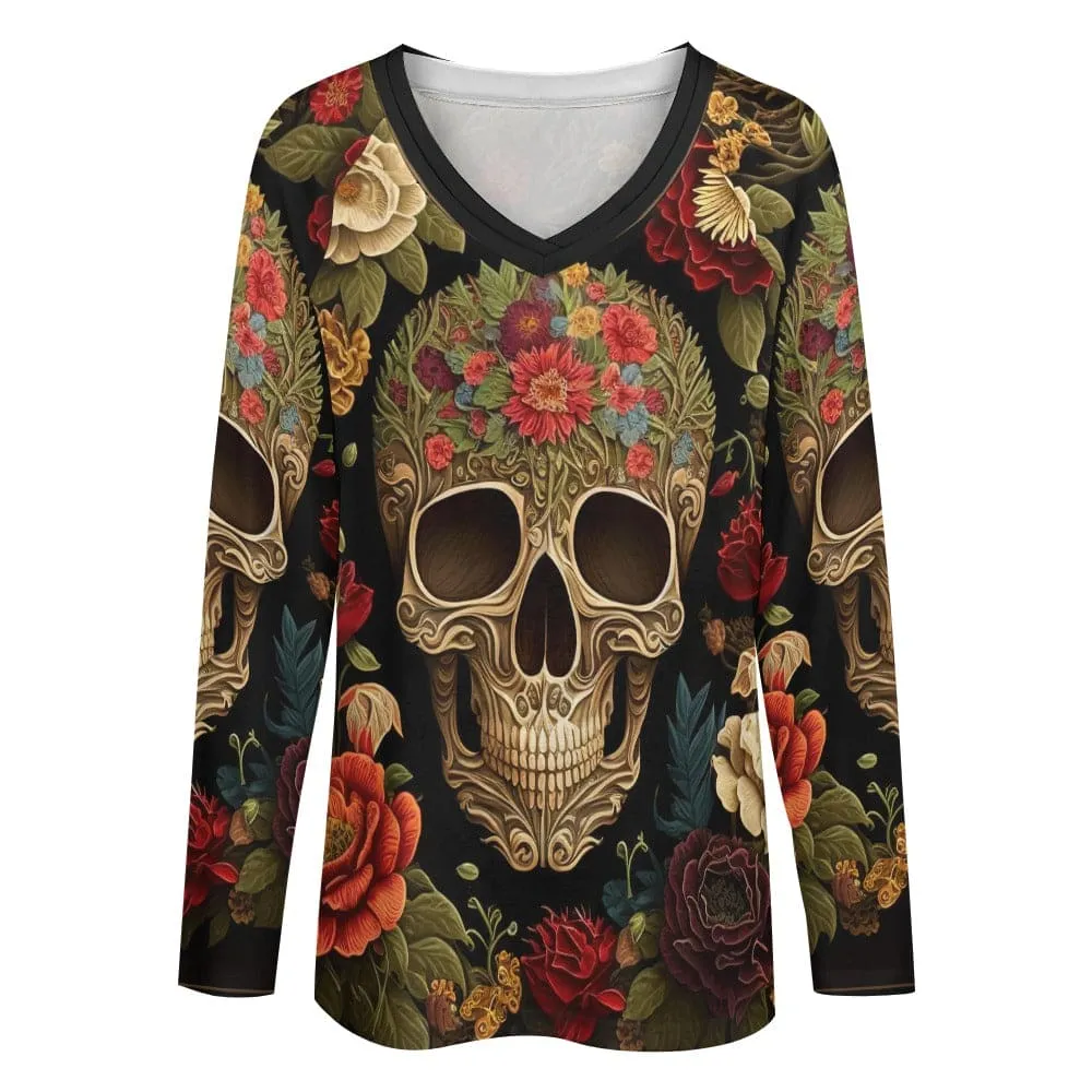 Women's Floral Sugar Skull Long Sleeve Loose Top