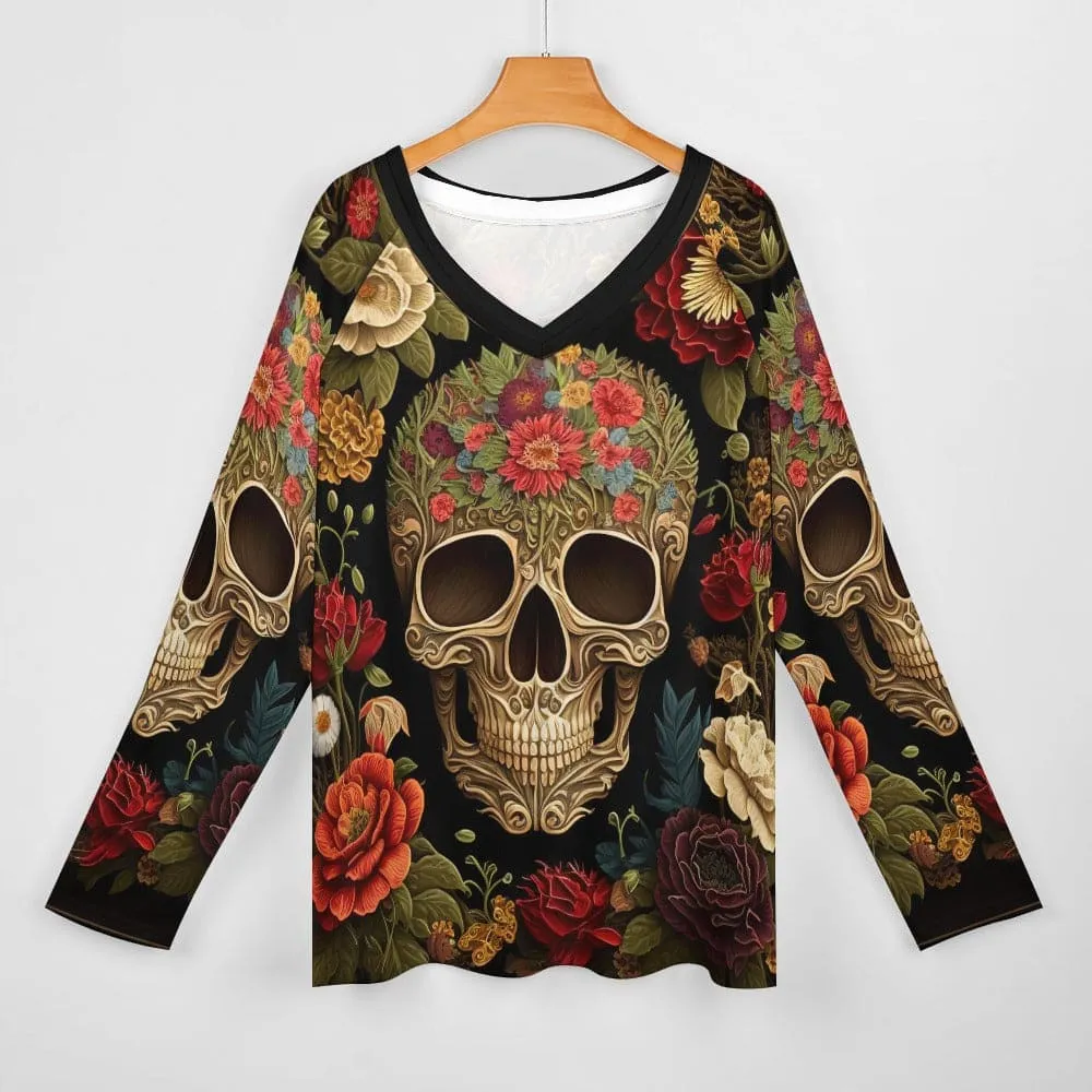 Women's Floral Sugar Skull Long Sleeve Loose Top