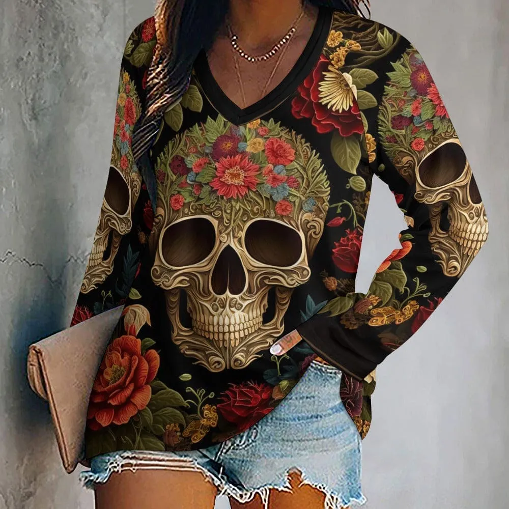 Women's Floral Sugar Skull Long Sleeve Loose Top