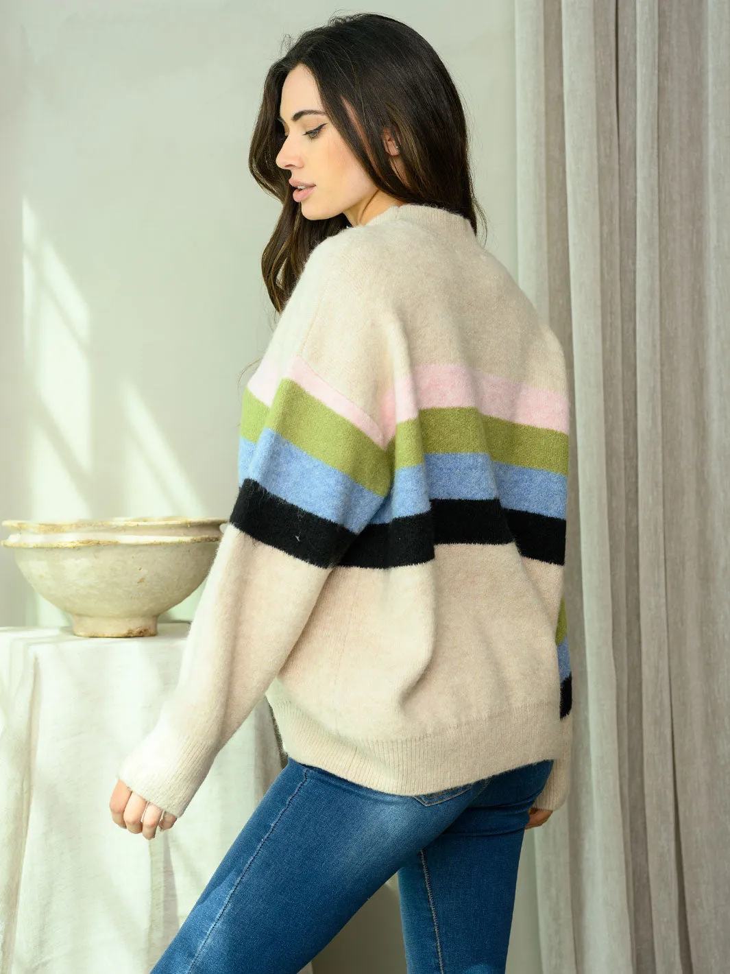 WOMEN'S LONG BALLOON SLEEVE COLOR BLOCK SWEATER