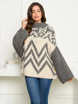 WOMEN'S LONG BELL SLEEVE COLORBLOCK MULTI PRINT SWEATER