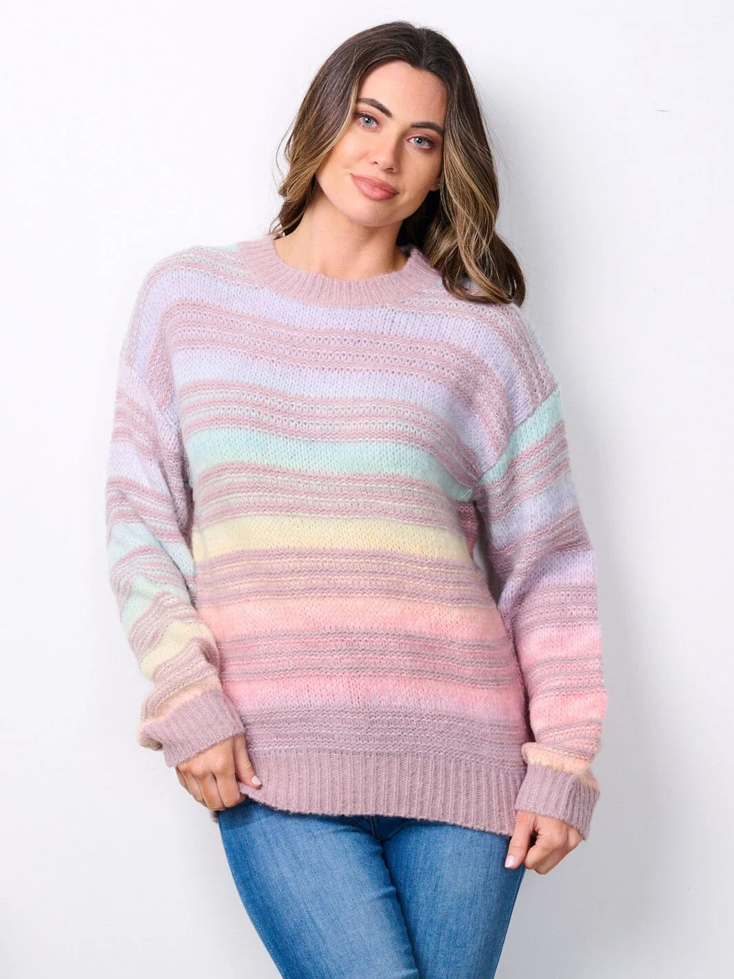 WOMEN'S LONG SLEEVE COLORBLOCK STRIPES SWEATER
