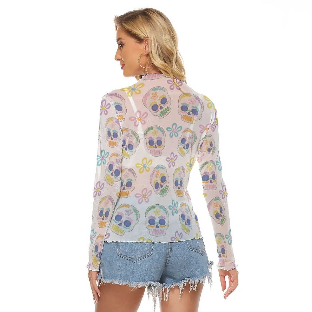 Women's Pastel Skulls Mesh Long Sleeve Top