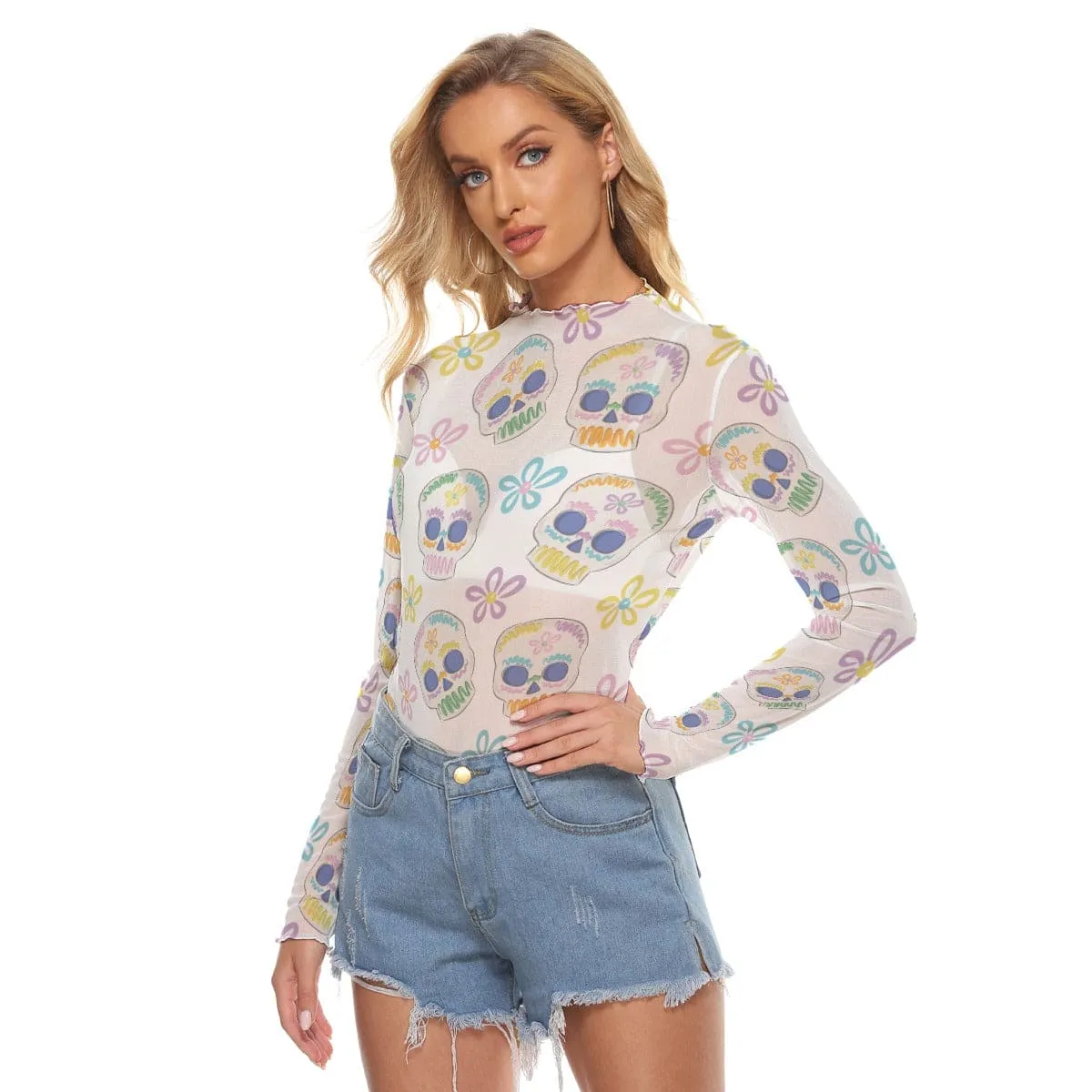 Women's Pastel Skulls Mesh Long Sleeve Top