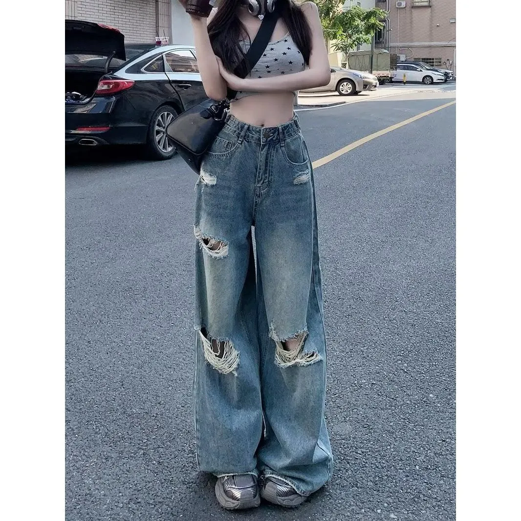 Women's Ripped Wide-Leg Jeans – Retro High Street Style