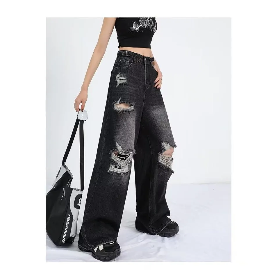 Women's Ripped Wide-Leg Jeans – Retro High Street Style